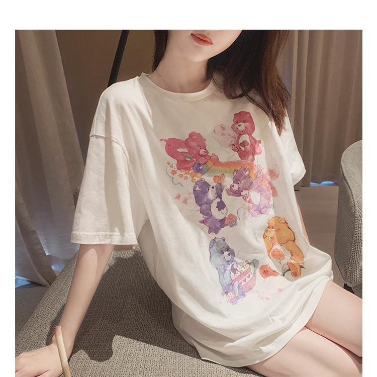 Women's Round Neck Short Sleeve Tee Loose Fit Cartoon Rainbow Bear Printed T-Shirt Cotton Summer Casual Mid Length Top