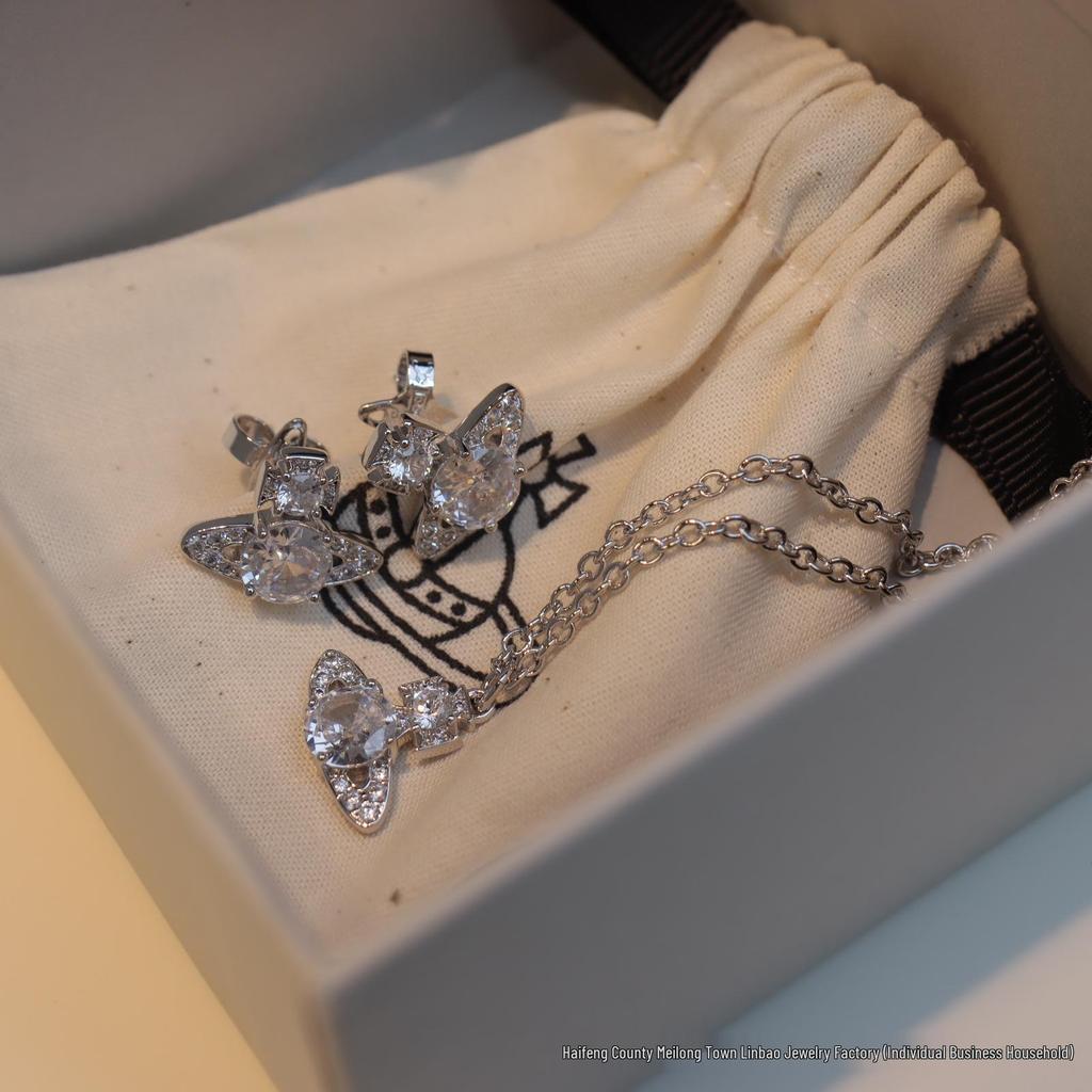 Empress Dowager Cixi Zircon Pendant Necklace & Earrings Set - Small Size, Full Diamond, Mermaid Tears Design, Light Luxury Fashion.