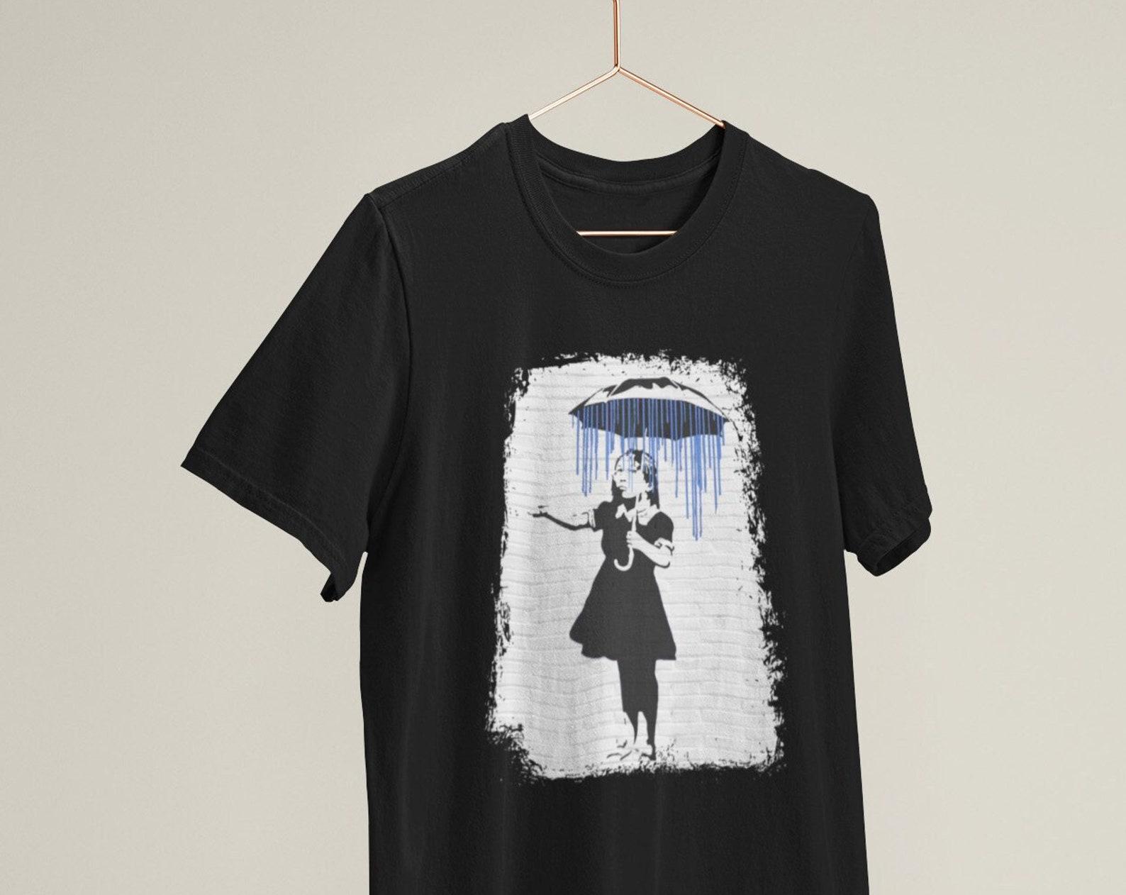 Banksy New Orleans Mural Girl Rain From Inside Umbrella / Heavyweight cotton unisex T shirt with print tee top 4XL