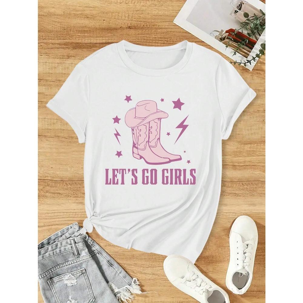 

Элегантные туфли на высоком каблуке, футболка с принтом и круглым вырезом, женский топ с коротким рукавом, женская мода, трансграничный уличный стиль, полиэстеровая ткань S