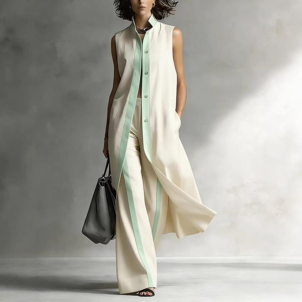 Women Sleeveless Longline Vest And Wide Leg Pants Set Contrast Color Casual Loose Fit Summer Outfit