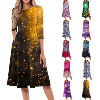 Lässiges und modisches Damenkleid mit Rundhalsausschnitt, sieben Viertelärmeln, bedruckt, mittellang