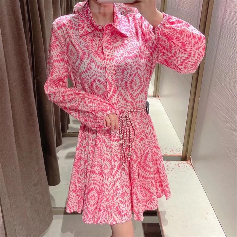 2022 Summer Women's Lace-Up Printed Long-Sleeve Mini Dress - European & American Style