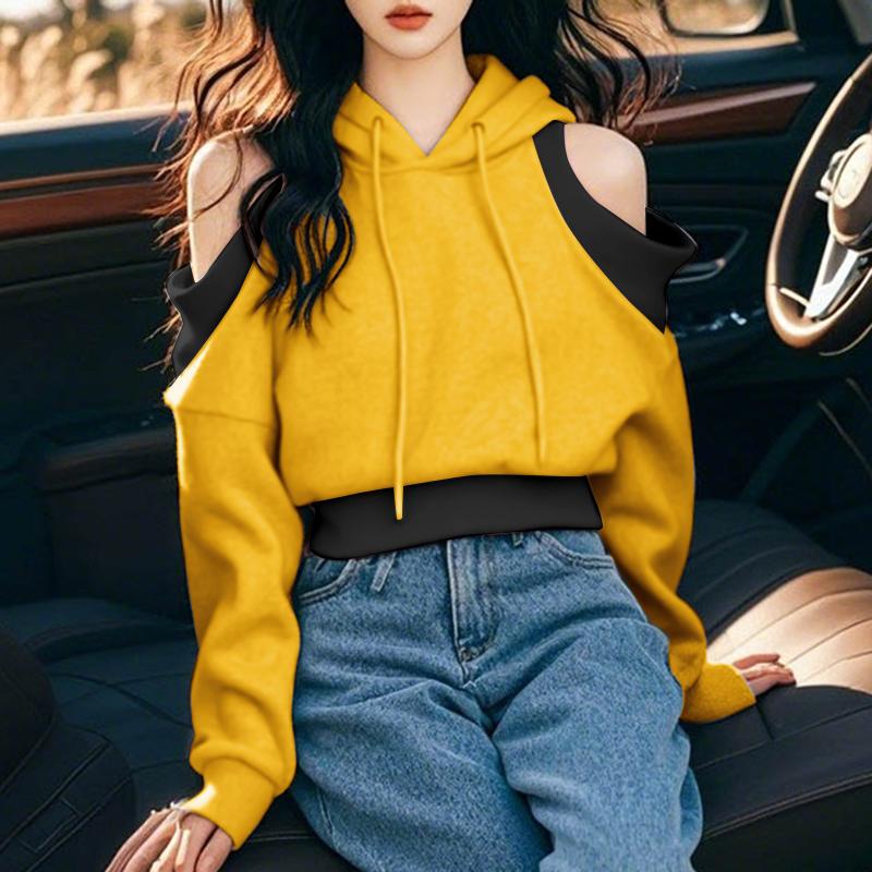 

VONDA Женская мода с открытыми плечами, контрастные цвета, длинный рукав, с капюшоном, толстовки M жёлтый