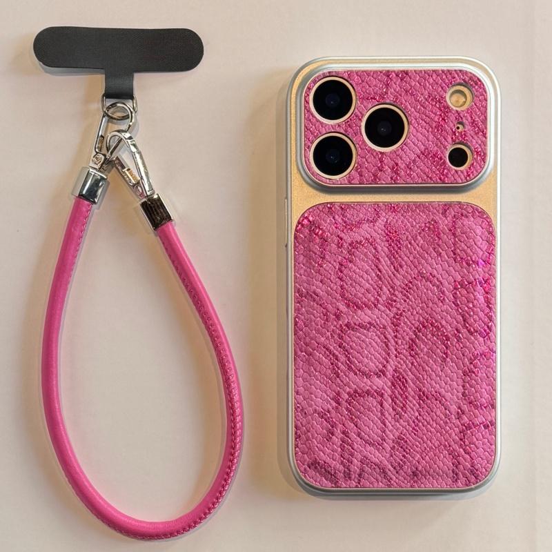 Premium Leather Strap Snakeskin Pattern Plating Case for iPhone 17 16 15 14 Pro Max Shockproof Armor Business Glossy Phone Cover