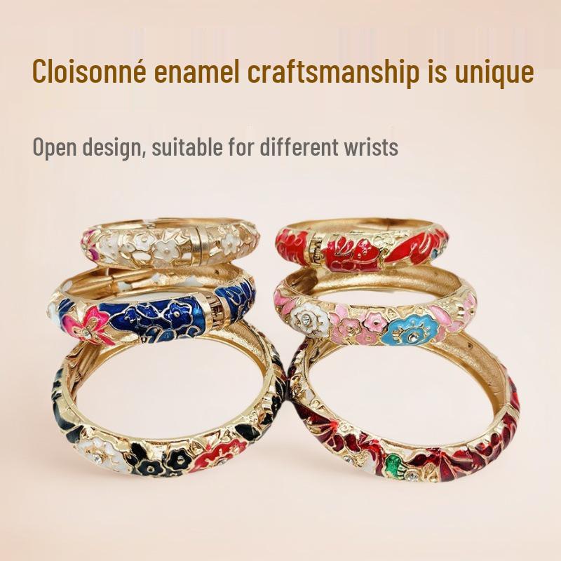 Bracciale da Donna in Cloisonné Antico di Pechino con Design Aperto e Finitura Elettroplaccata a Goccia d'Olio
