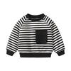 Black and white striped crew neck jumper autumn and winter new children's fleece sweater casual pocket children's top