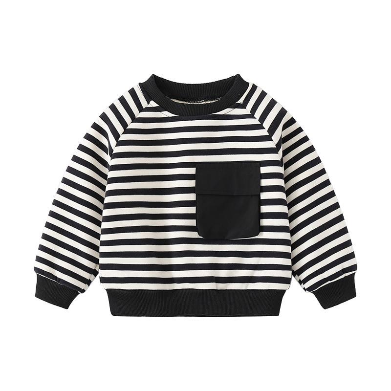Black and white striped crew neck jumper autumn and winter new children's fleece sweater casual pocket children's top
