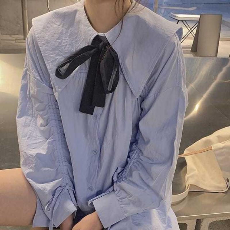 Blaues Damenhemd Peter-Pan-Kragen Krawatte Elastischer Kordelzug Laternenärmel Bluse Koreanischer Stil Frühling Neue Version Lockeres Damenoberteil