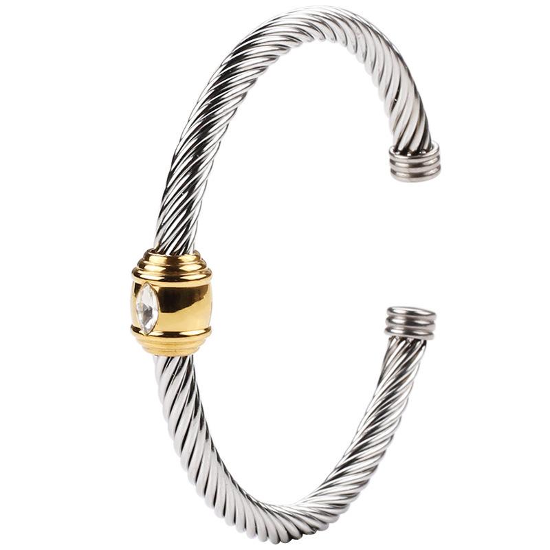 18K Gold Non-Fading Zircon Inlaid Titanium Steel Twist Open Bracelet