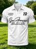 Men's Outdoor Short-Sleeve Polo Shirt, Available in Multiple Sizes, Men's Lapel Polo with White Base and English Slogan Badge Print, Men's Top, Slim