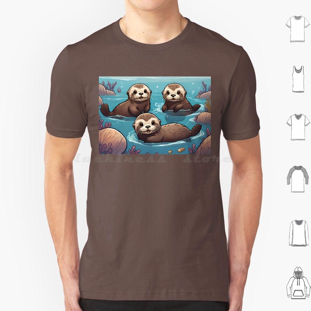 Playful Otters In The Ocean T Shirt Big Size 100 Cotton Otters Swimming Ocean Cute Adorable Family Joyful Playful Wildlife