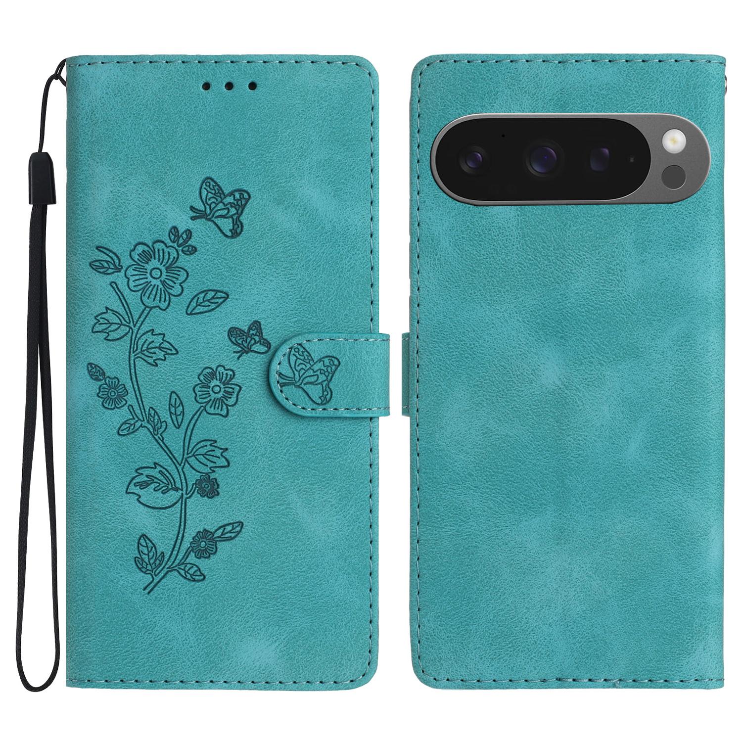 

For Google Pixel 9 Pro XL Case Leather Imprinted Flower Phone Cover Wallet with Wrist Strap D