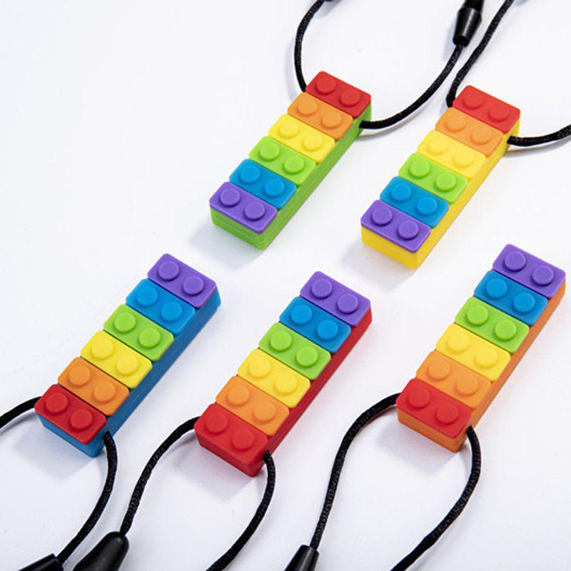 1PC Rainbow Brick Chew Necklace Baby Silicone Teether Autism Sensory Chewy Toys
