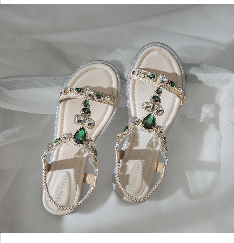 Rhinestone Wedge Heel Sandals Women's Summer Fairy Style Student Fashion and Women's Flat Shoes