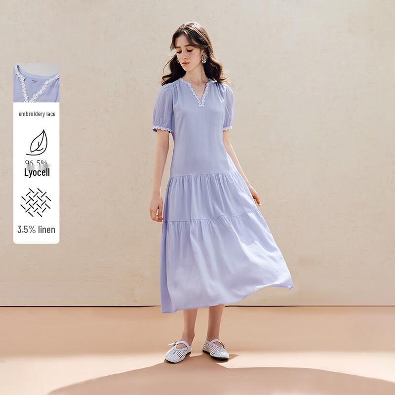 INMAN Women s Lyocell Linen French Lace V-Neck A-Line Dress M