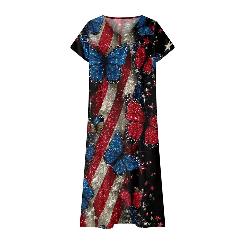 Women’s Short Sleeve V Neck Maxi Dress with Butterfly and Striped Print Loose Fit Casual Bohemian Style Summer Dress