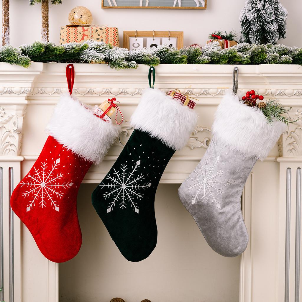 Christmas Beautifully Crafted Stockings With Plush Edging And Festive Snowflake Designs In Colors Three