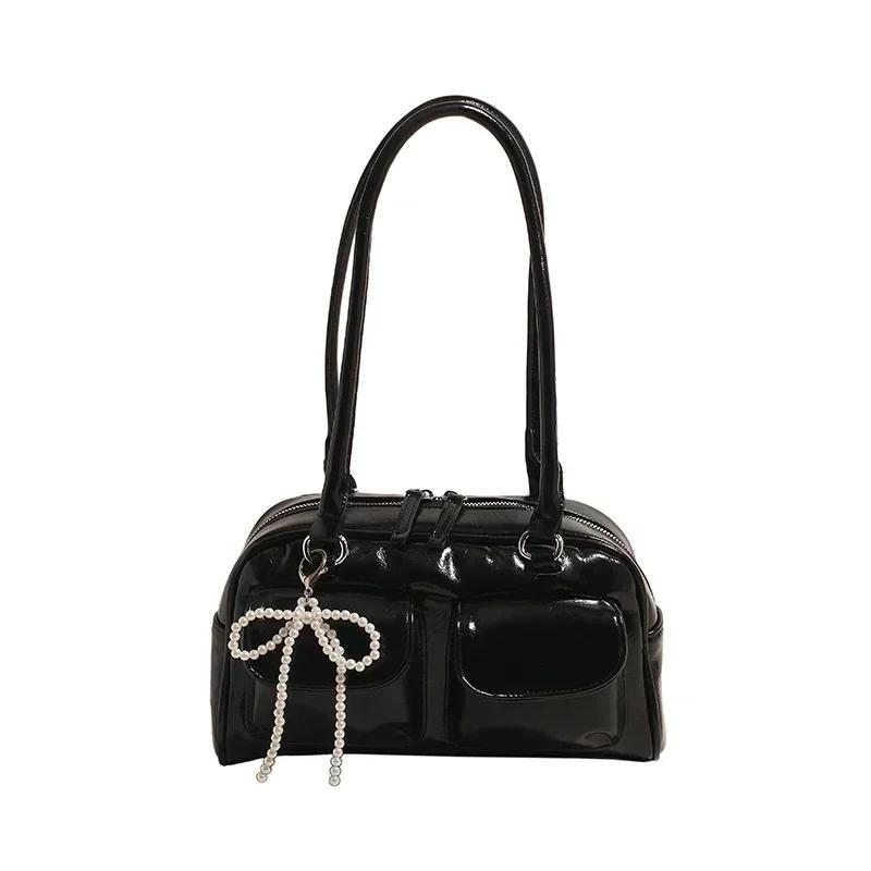 

Fashion PU Solid Color Zipper Sewing Thread Shoulder Bags Versatile Beads Interior Zipper Pocket Bags for Women