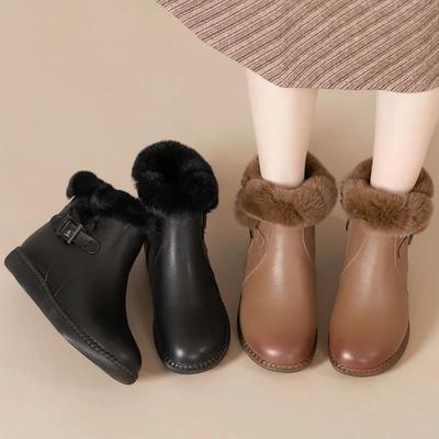 Flat-bottomed Short Boots, Women's Winter Mother Shoes, Rabbit Fur Thick Cotton Shoes, Women's Boots, Soft-soled Plus Velvet Leather Shoes, Snow Boots