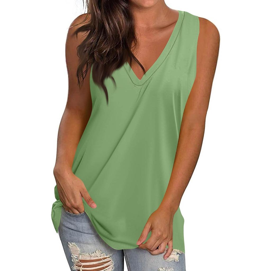 Women's Casual Fashion V-Neck Sleeveless Top Solid Color Vest T-Shirt