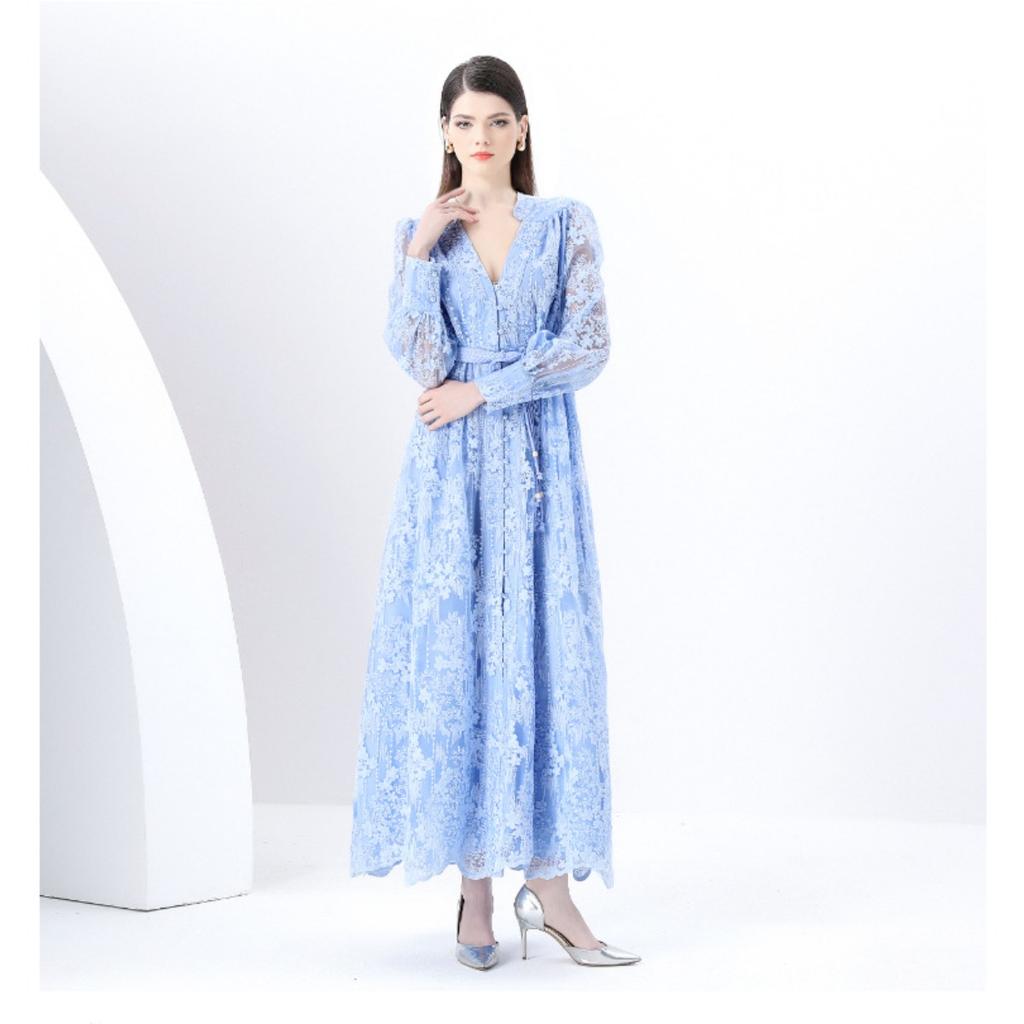 Women's V Neck Long Sleeve Maxi Dress Slim Fit High Waist Elegant Lace A Line Dress
