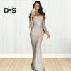Women Prom Dress Tassel Sleeves Sheath Slim Fit V Neck Solid Color Sequin Fishtail Hem Evening Dress Cocktail Party Maxi Dress