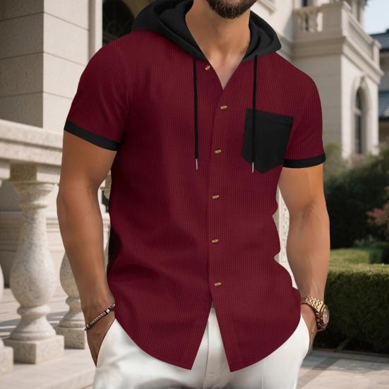Men's Summer Hooded T-shirt Short Sleeved Button Down Tee with Chest Pocket Waffle Color Block Casual Hoodie T-shirt for Gym Street Wear