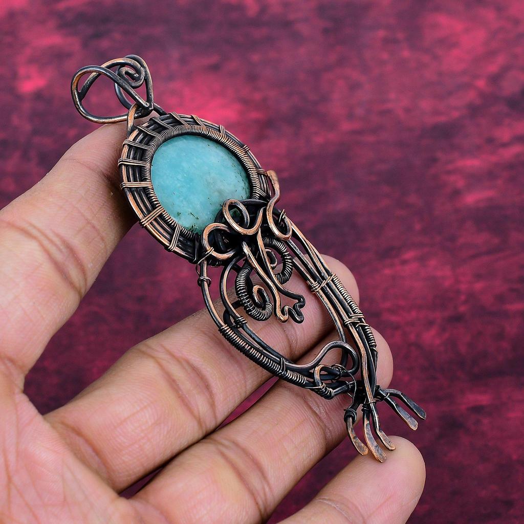 Amazonite Natural Gemstone Pendant Copper Wire Wrapped Pendant Handmade Jewelry