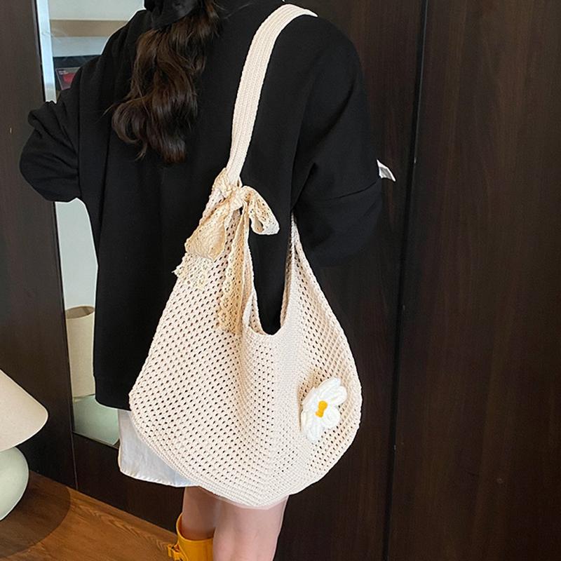Simple Handmade Knit Shoulder Bag Bohemian Solid Color Crochet Tote Bag Large Capacity Hollow Out Woven Handbag Vacation