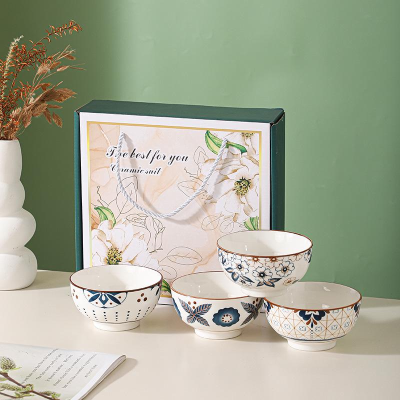 Japanese Style Underglaze Porcelain Rice Bowl Set - Microwaveable Ceramic Tableware for Households & Gifts