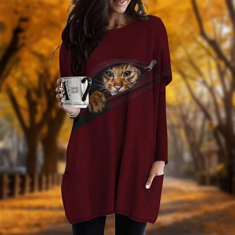New In Autumn Zipper Cat Print Plus Size Dress Women O'neck Long Sleeves Casual Pocket Dresses