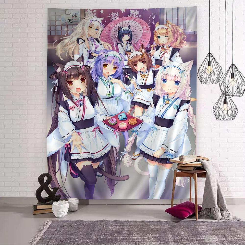 Katzenohr Maid Anime Wandteppich Niedlicher Chibi-Stil Wanddeko für Schlafzimmer Spielzimmer Arbeitszimmer Modernes Otaku Flachdruck