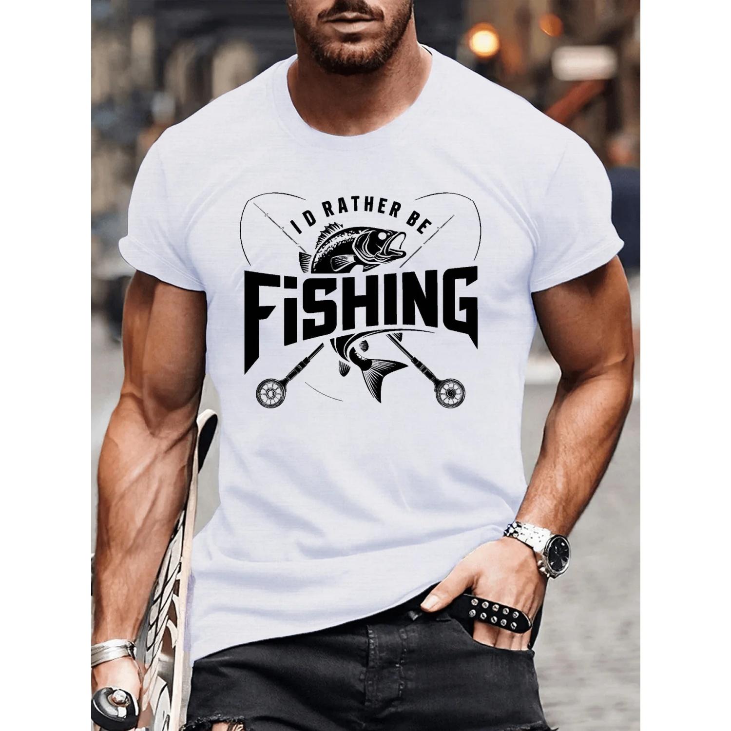 

Men s Summer T-shirt, _I d Rather Go Fishing_ Phrase Printed Short Sleeved T-shirt, Trendy Casual Top, Suitable for Daily Life S чёрный