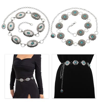 Elegant Ladies Alloy Waist Belt Delicate Carved Turquoise Buckle Belt Banquet Dress Women Bohemian Seaside Waist Belt