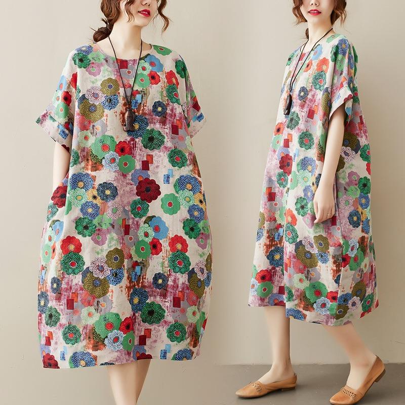 Real Shot Summer New Cotton and Linen Fat Sister Loose and Thin Short-sleeved Dress Women