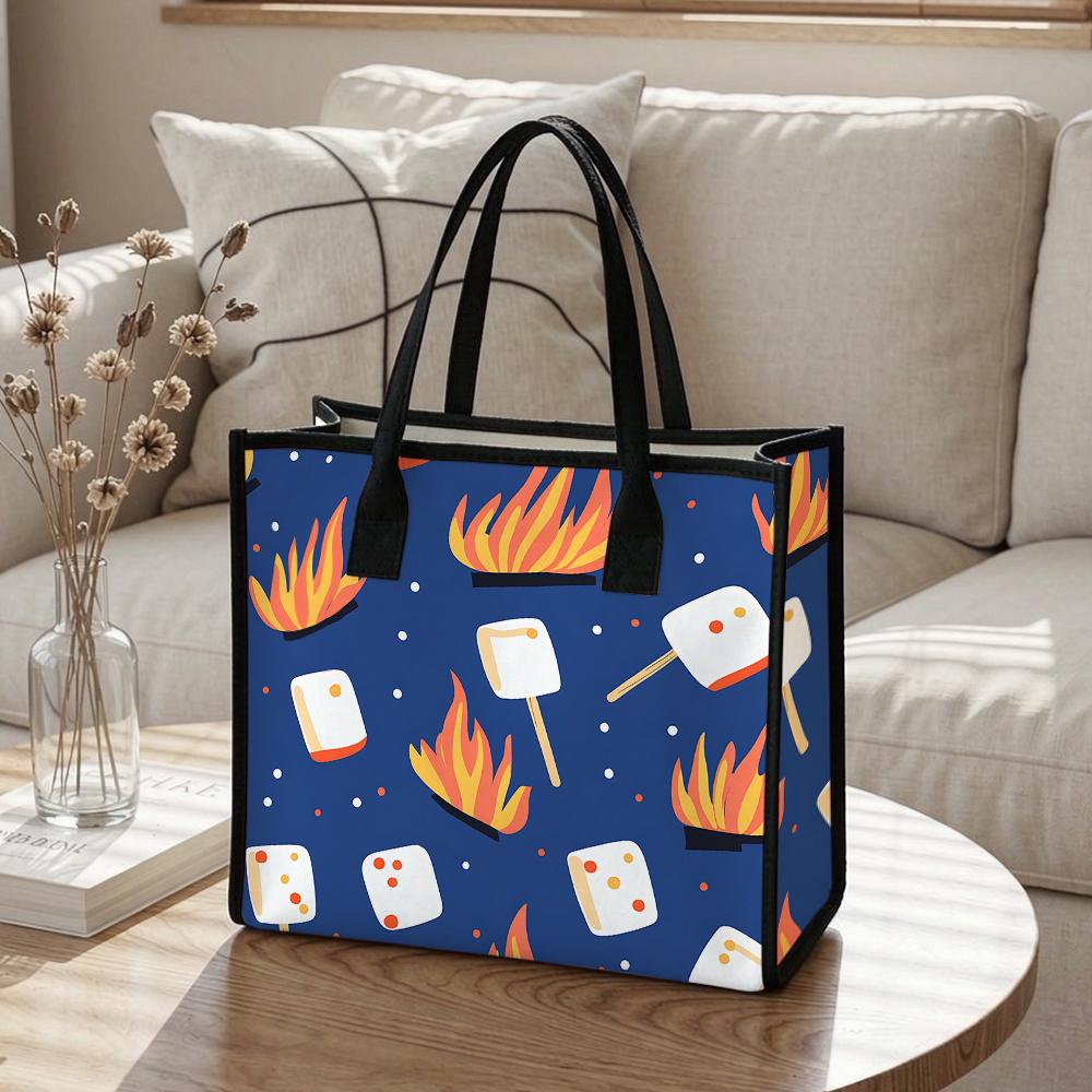 Cute Camping Print Canvas Tote Bag Large Capacity Portable Daily Handbag for Outdoor Shopping Travel Use