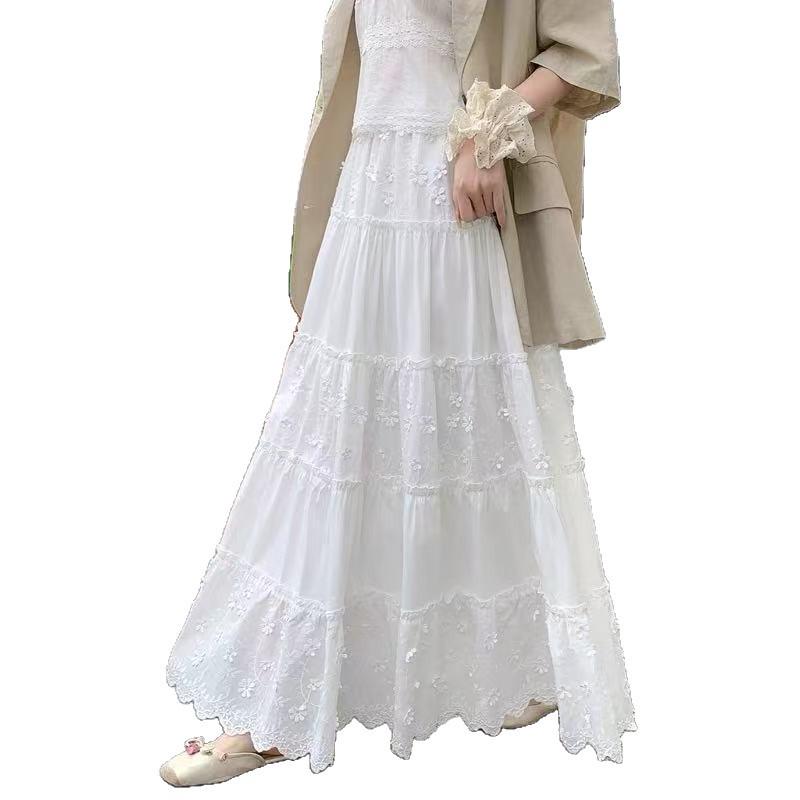White Floral Embroidery A-Line Midi Skirt with High Waist