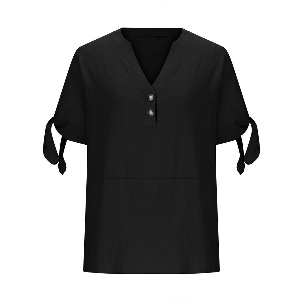 Women's Cotton Linen Shirt Short-sleeved Hollow V-neck Top Casual Knot T-shirt Loose Solided Color T-shirt Top