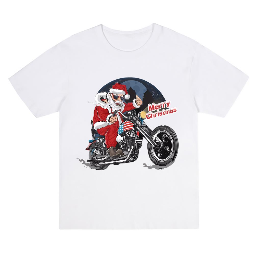 Santa Claus Riding A Motorcycle Funny Personality Pure Cotton Printed Tshirt Men and Women Casual Loose Oversized To S