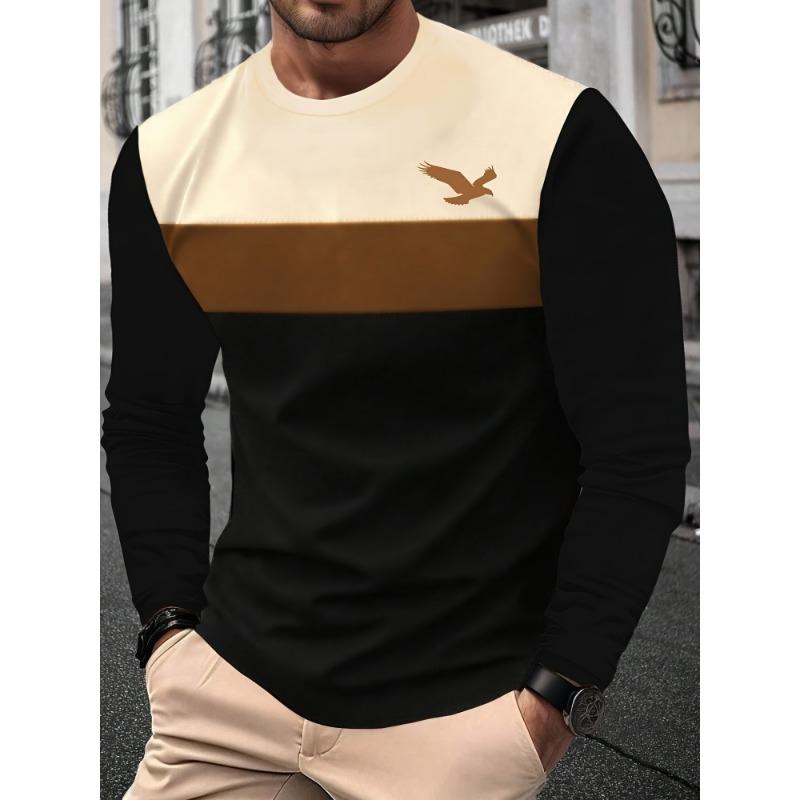 Autumn Fashion Men's Eagle Print Long Sleeve T-shirt Striped Casual Sports Sweatshirt Loose Top Men's Commuter Long Sleeve