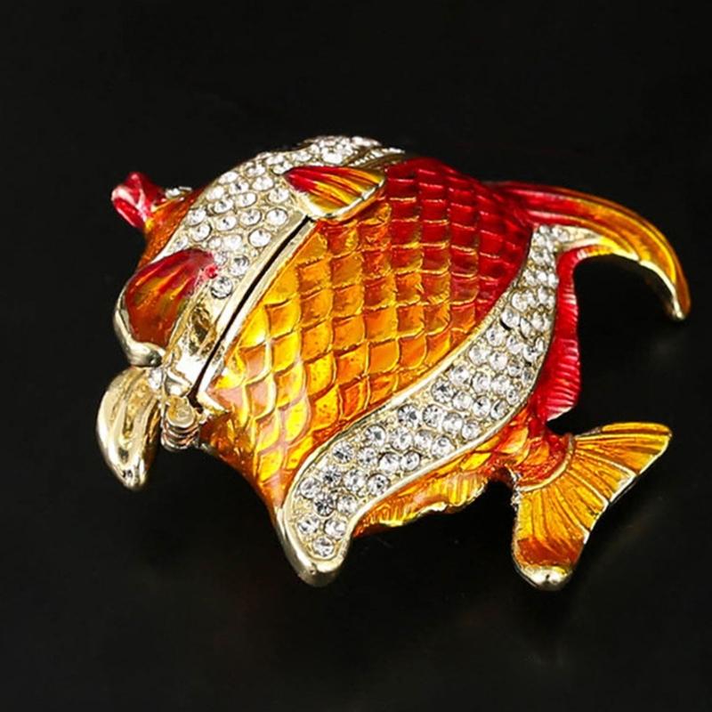 Sturdy Alloy Jewelry Box With Magnetic Closure And Fish Pattern For Travel Storage