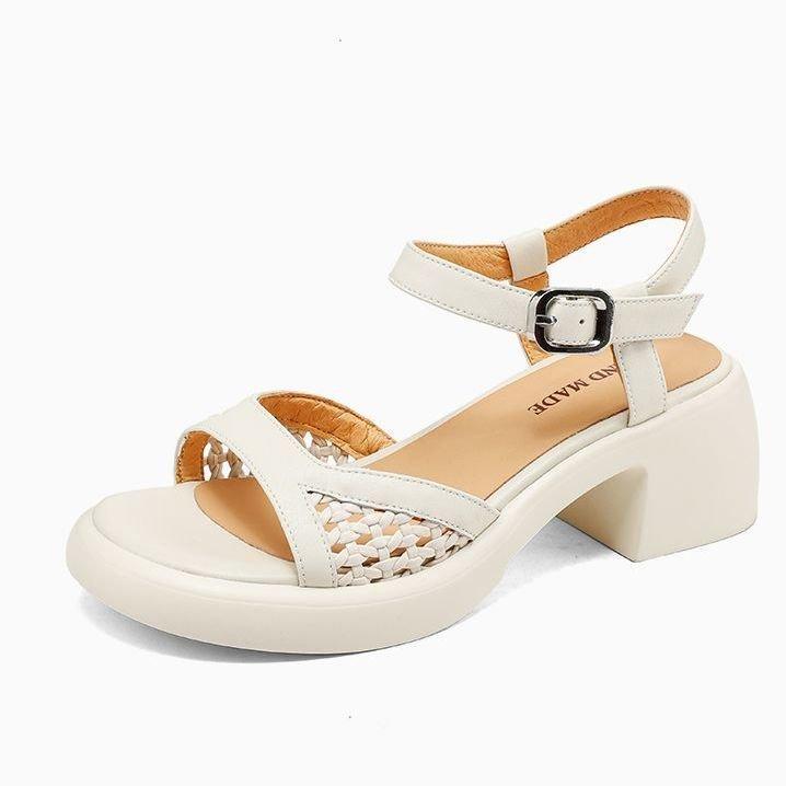 

6CM thick heel open-toed sandals women s summer 2025 new soft leather casual one-word buckle belt hollow hole women s shoes 40
