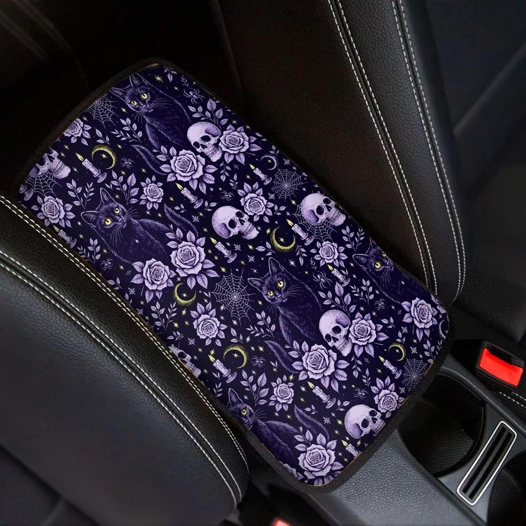 Dreaweet Stylish Spider Web Printed Black Car Center Console Armrest Cushion Cover Pad Soft Car Armrest Seat Box Cover Protector Auto Car Interior