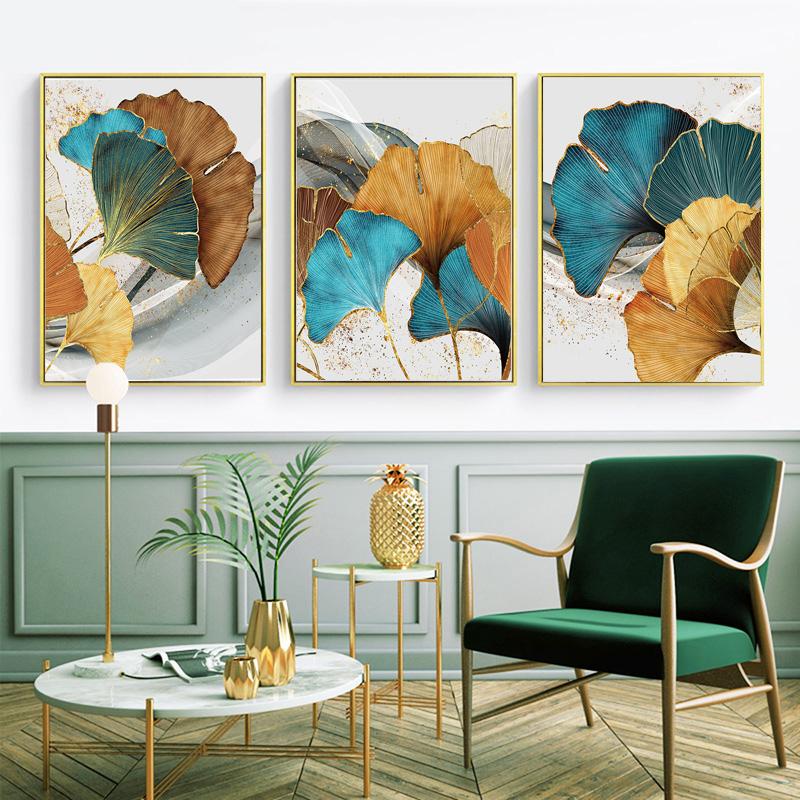 Nordic Blue Gold Plant Leaf Poster Ginkgo Leaves Abstract Canvas Print Wall Art Painting Picture Living Room Modern Decoration