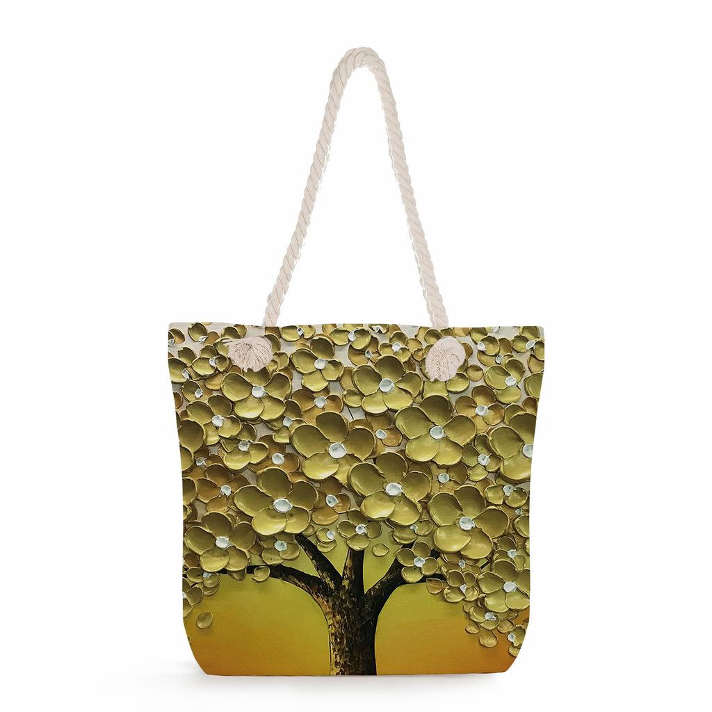 Oil Painting of a Tree Print Thick Rope Single-shoulder Beach Bag 7239