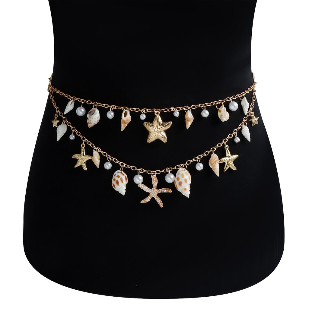 Bohemia Sexy Double Layer Starfish Scallop Shell Waist Belly Chain For Women Fashion Imitation Pearl Conch Body Chain Jewelry