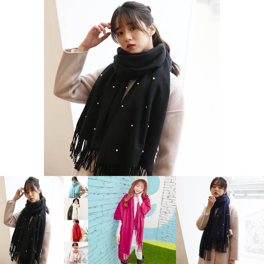 Women Elegant Knitted Solid Scarf With Pearls And Long Tassels For Winter Warmth