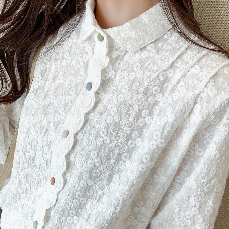 Embroidered White Cotton Lapel Shirt, Women's Long Sleeve Spring 2025 - Sweet, Stylish Design