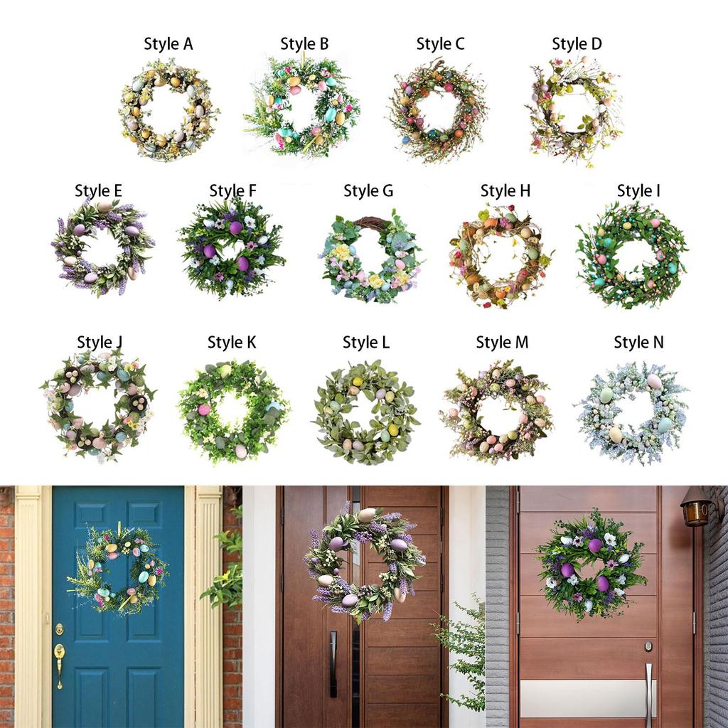 Easter Wreath with Pastel Eggs Front Door Wall Hanging Artificial Green Leaves Garland for Party Holiday Home Garden Decoration